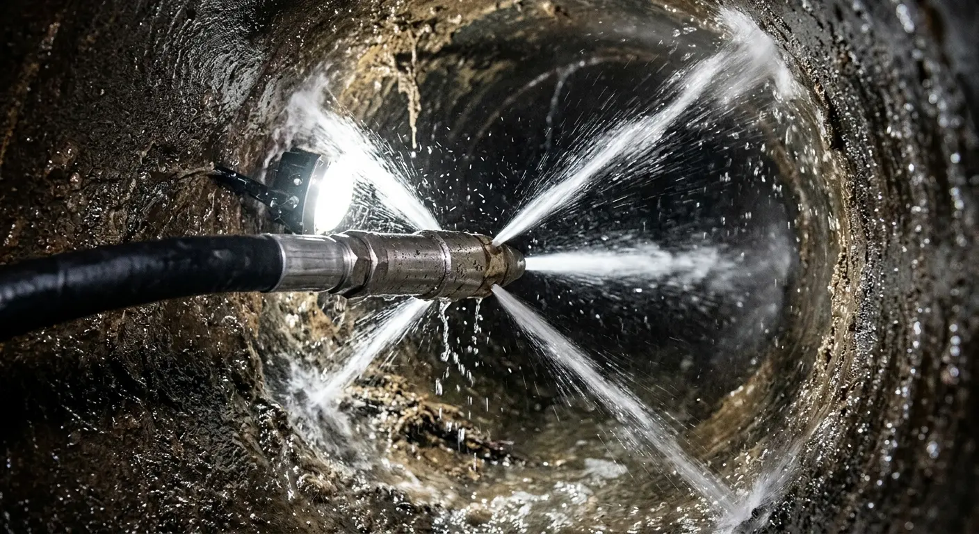 High-pressure hydro jetting nozzle cleaning sewer pipe for Emergency Drain Service in Clemson