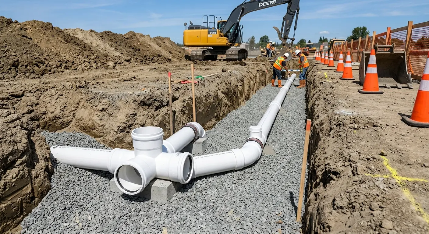 New PVC sewer pipe installation in open trench for Commercial Drain Cleaning in Clemson