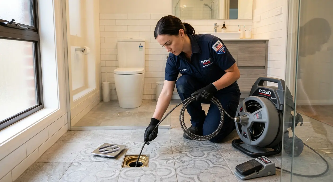 Technician clearing a bathroom floor drain for Sewer Line Installation in Clemson
